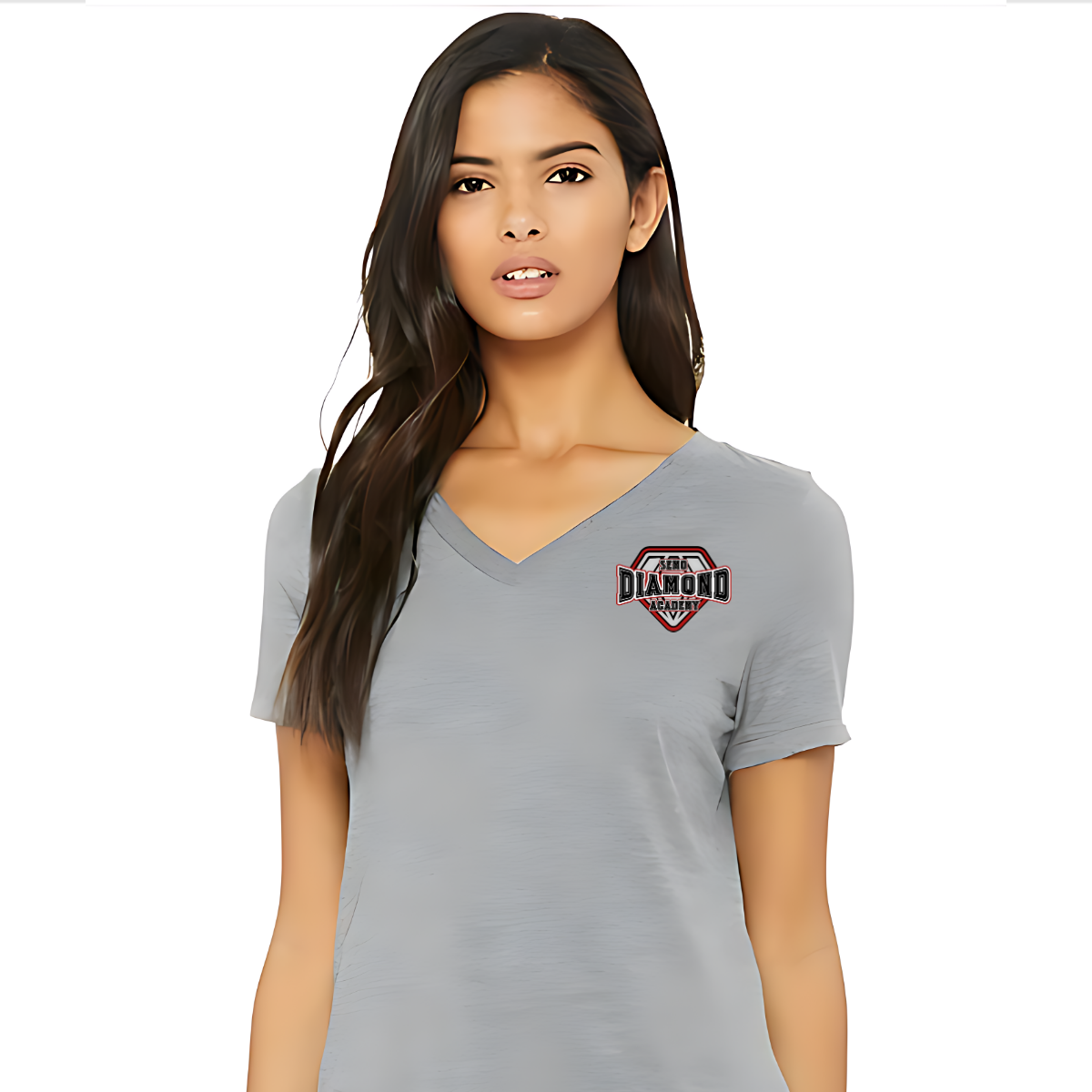 Woman wearing a gray t-shirt with the SEMO Diamond Academy logo on the chest against a white background