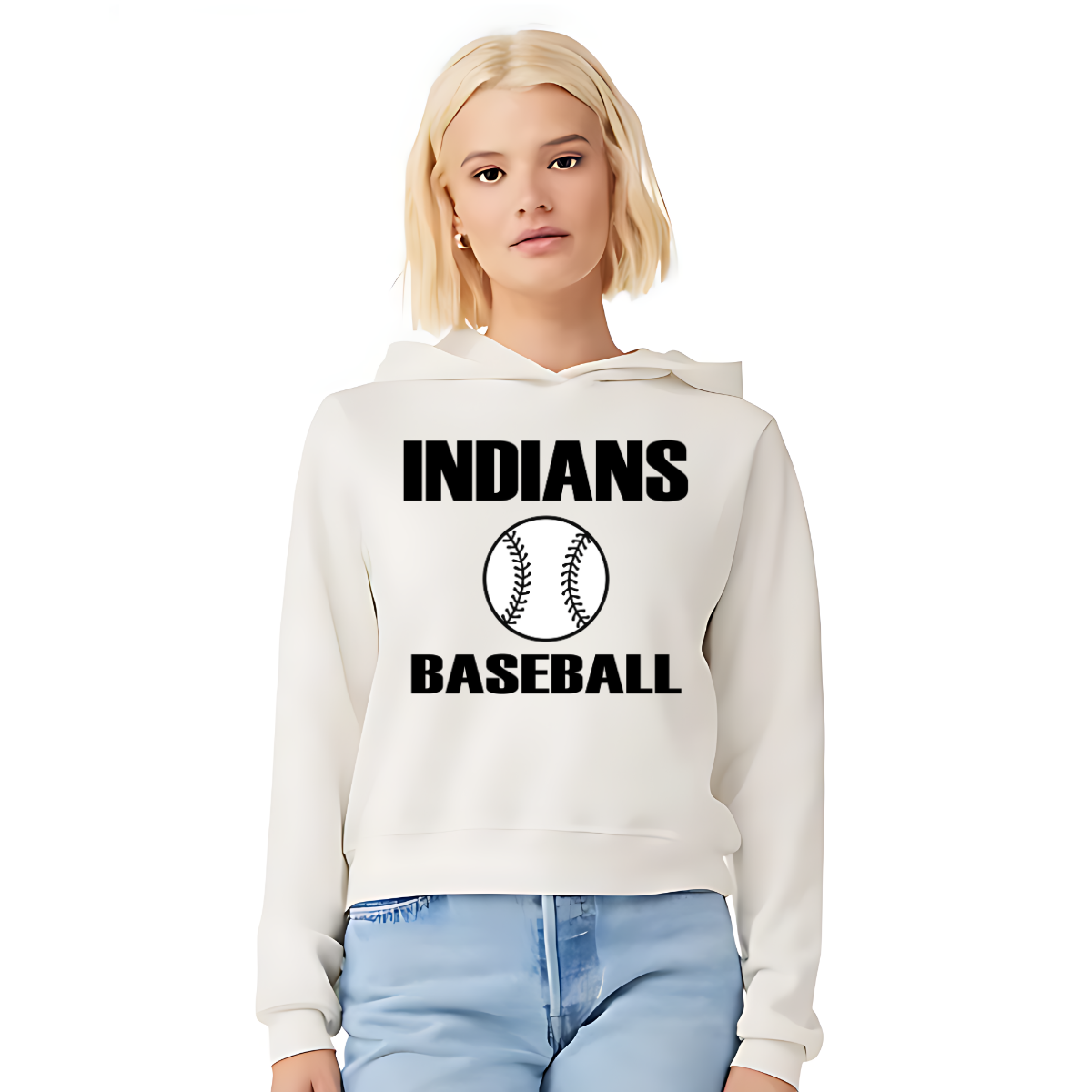 Person wearing a white hoodie with 'INDIANS BASEBALL' text and logo on a white background