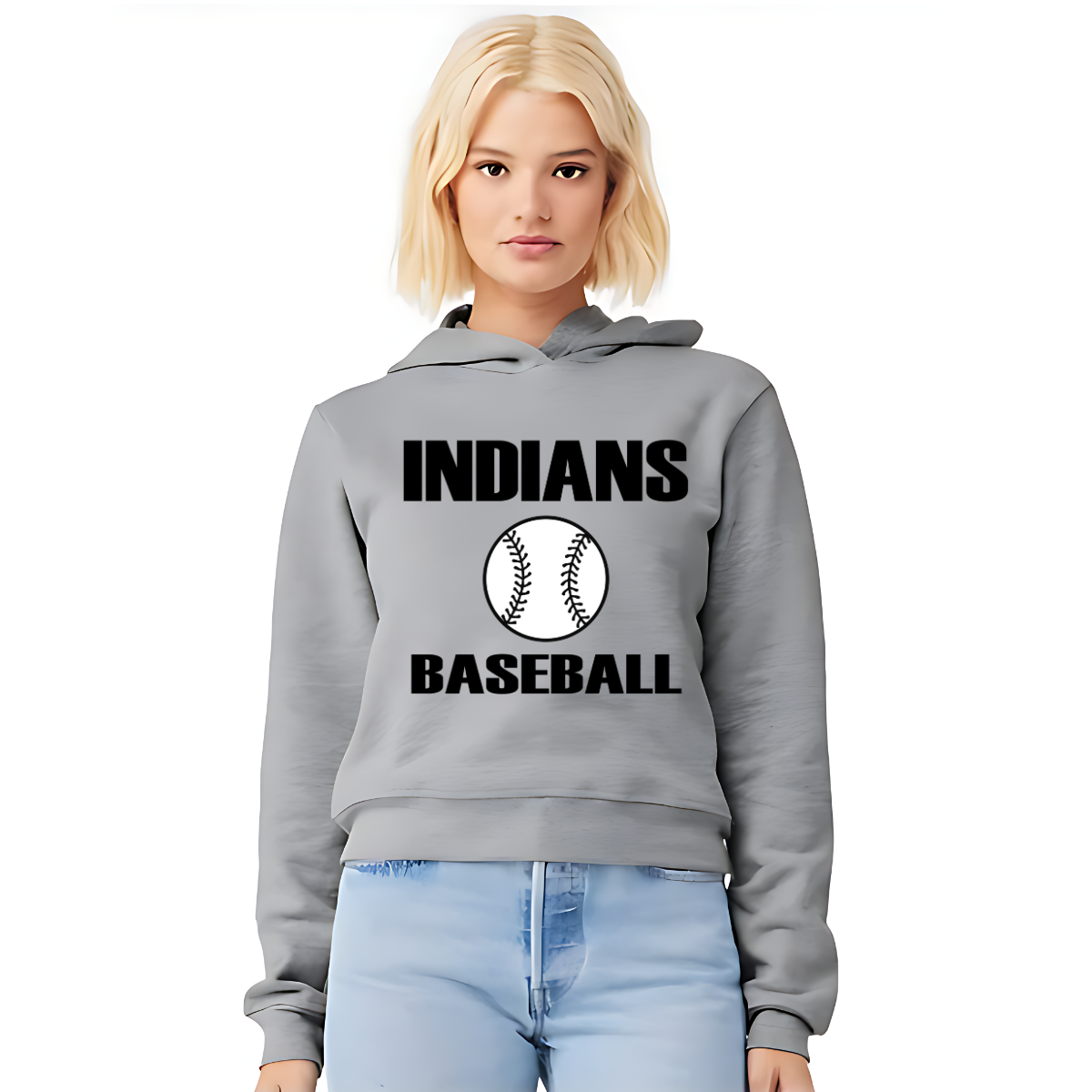 Person wearing a gray hoodie with 'INDIANS BASEBALL' text and logo on a white background