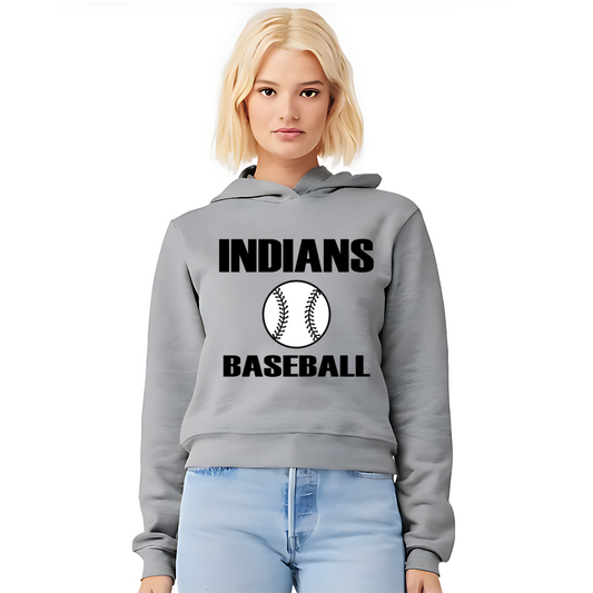Person wearing a gray hoodie with 'INDIANS BASEBALL' text and logo on a white background
