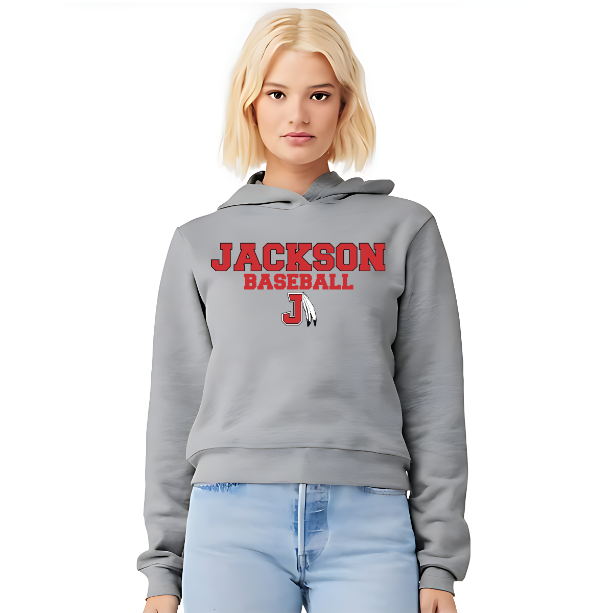 Person wearing a gray hoodie with 'Jackson Baseball J' text on a white background