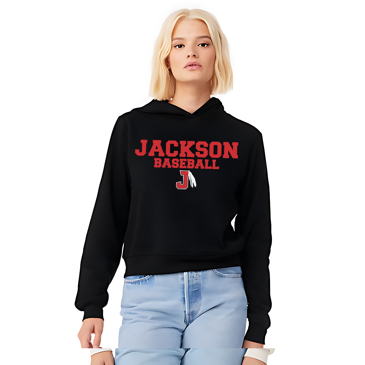 Person wearing a black hoodie with 'Jackson Baseball' text on a white background