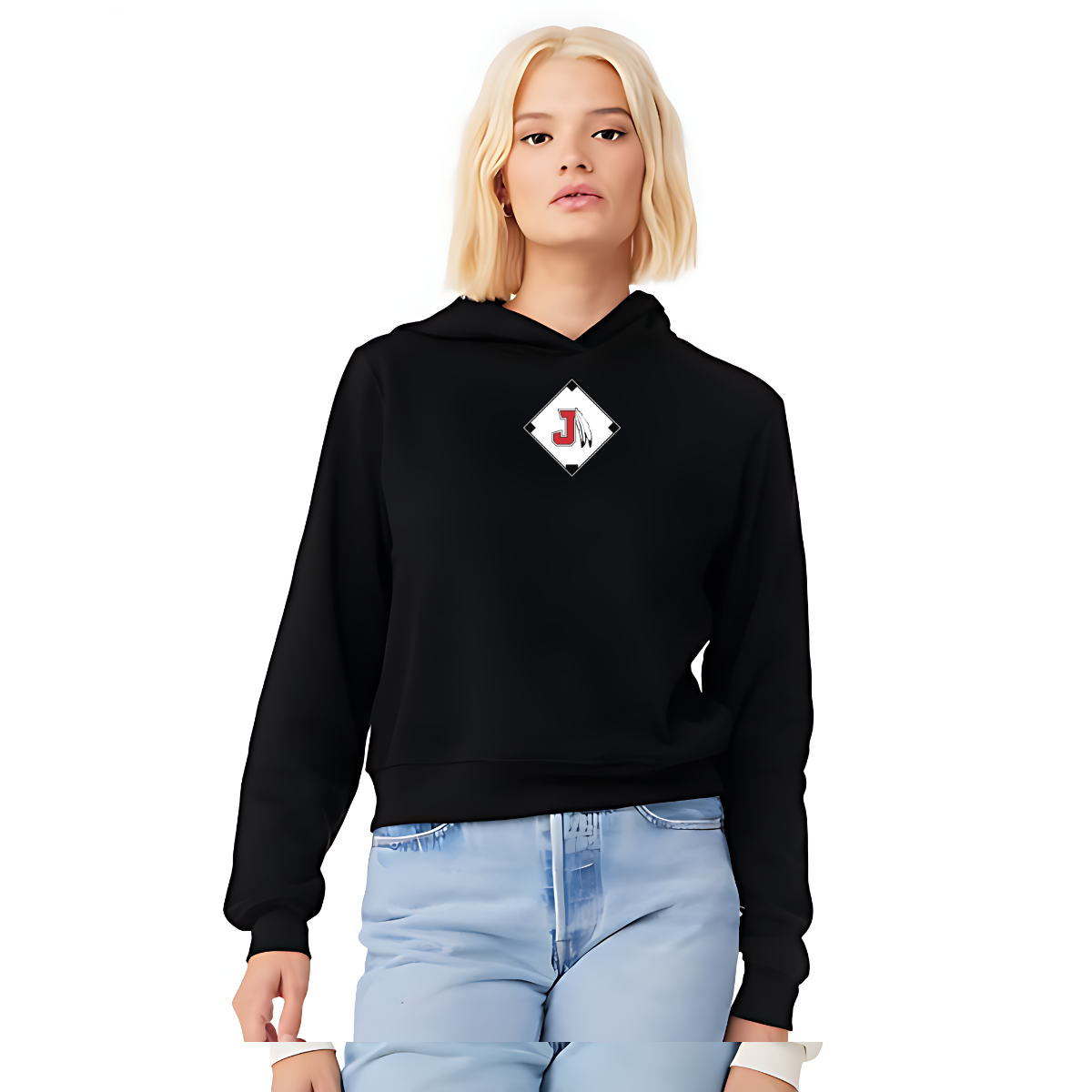 Person wearing a black hoodie with a logo on a white background