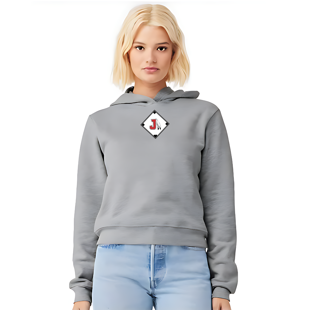 Person wearing a gray hoodie with a logo on a white background