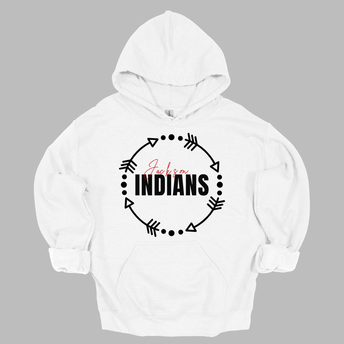 The T-shirt design features a dynamic and spirited look with a white arrow circle at its center. This circle encircles the words "Jackson" and "Indians" in a striking color scheme highlighting school pride. The arrow circle adds a sense of movement and energy, making the overall design both modern and eye-catching. This T-shirt is perfect for showcasing school spirit with style. Shop at gorgeousware.com