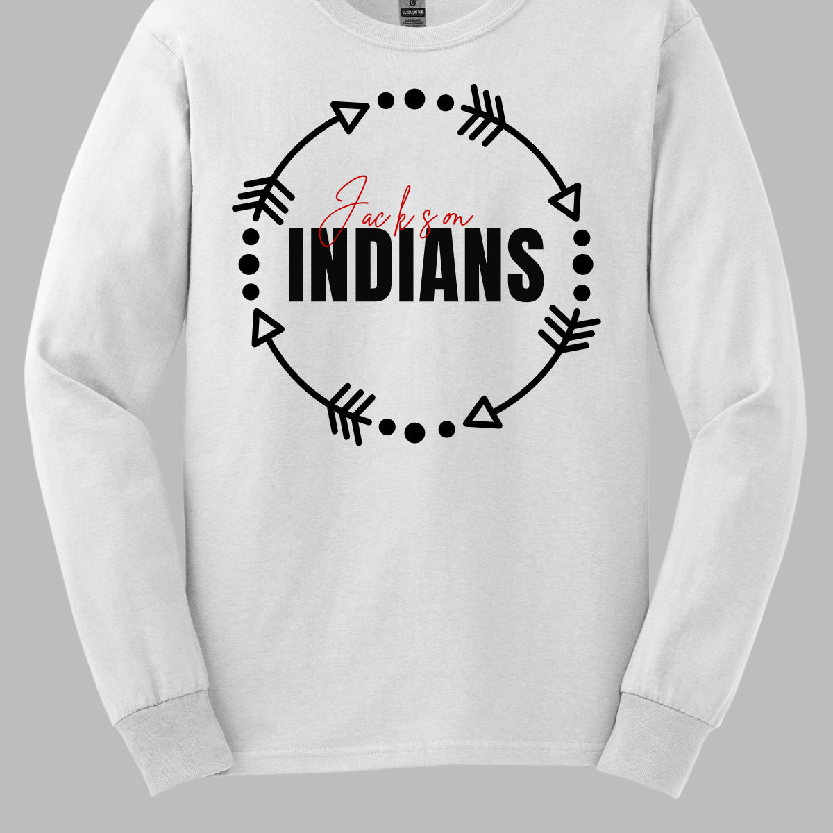 The T-shirt design features a dynamic and spirited look with a white arrow circle at its center. This circle encircles the words "Jackson" and "Indians" in a striking color scheme highlighting school pride. The arrow circle adds a sense of movement and energy, making the overall design both modern and eye-catching. This T-shirt is perfect for showcasing school spirit with style. Shop at gorgeousware.com