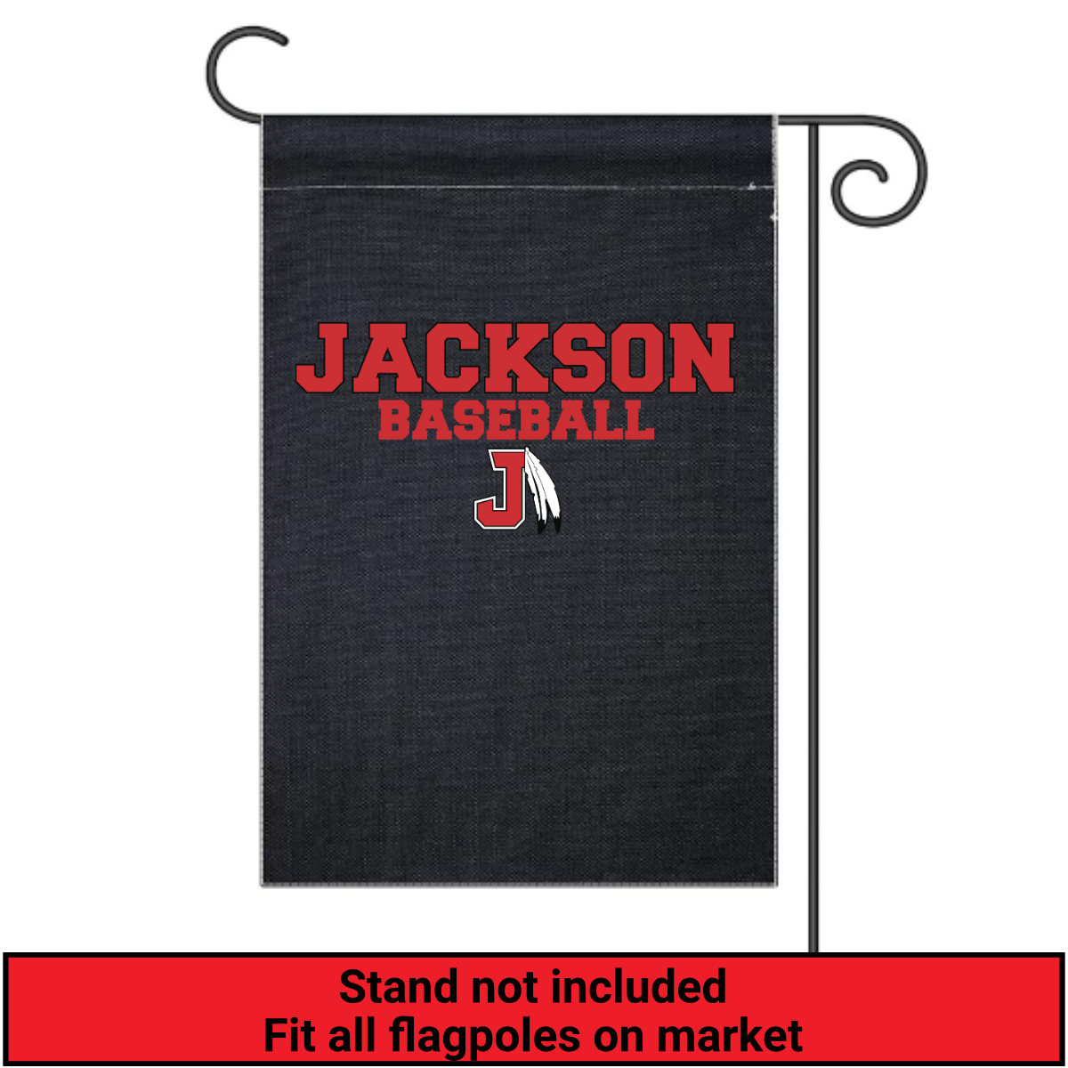 Black garden flag with red text and logo, attached to a flagpole, on a white background.