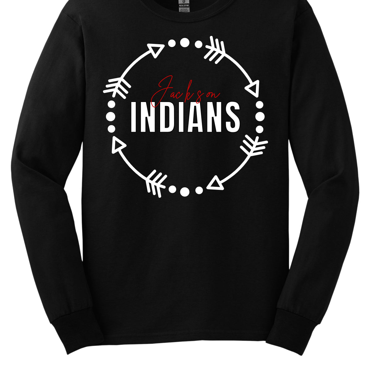 The T-shirt design features a dynamic and spirited look with a white arrow circle at its center. This circle encircles the words "Jackson" and "Indians" in a striking color scheme highlighting school pride. The arrow circle adds a sense of movement and energy, making the overall design both modern and eye-catching. This T-shirt is perfect for showcasing school spirit with style. Shop at gorgeousware.com