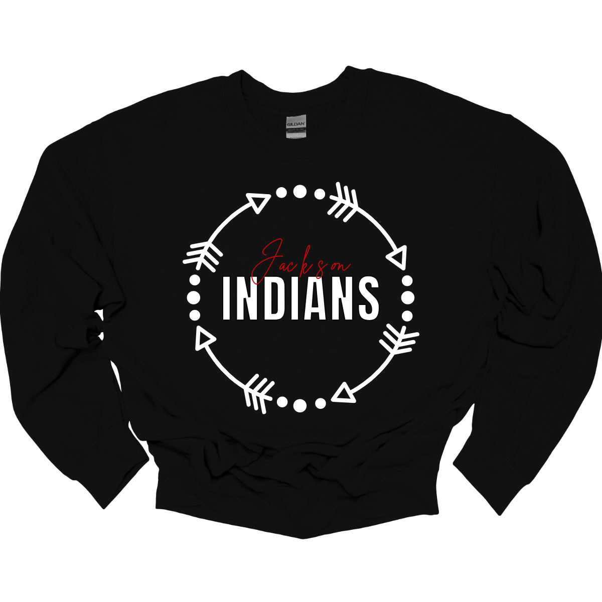 The T-shirt design features a dynamic and spirited look with a white arrow circle at its center. This circle encircles the words "Jackson" and "Indians" in a striking color scheme highlighting school pride. The arrow circle adds a sense of movement and energy, making the overall design both modern and eye-catching. This T-shirt is perfect for showcasing school spirit with style. Shop at gorgeousware.com