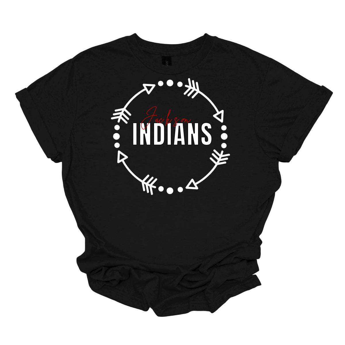 The T-shirt design features a dynamic and spirited look with a white arrow circle at its center. This circle encircles the words "Jackson" and "Indians" in a striking color scheme highlighting school pride. The arrow circle adds a sense of movement and energy, making the overall design both modern and eye-catching. This T-shirt is perfect for showcasing school spirit with style. Shop at gorgeousware.com