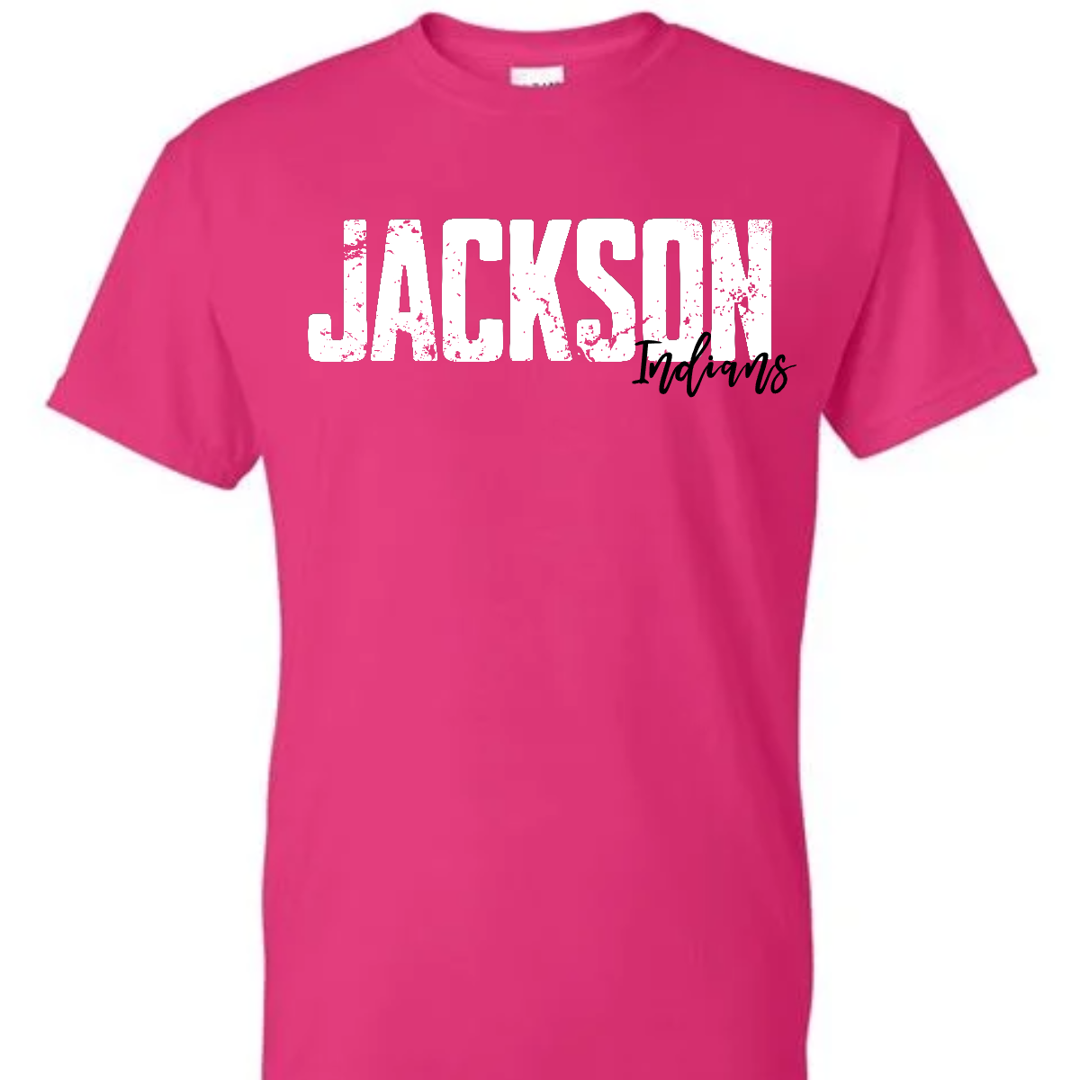 Unleash your school spirit with our grunge-style "Jackson" T-shirt! This design features bold, edgy "Jackson" text in a distressed, vintage font, paired with "Indians" in a playful cursive script that adds a splash of color and fun. The vibrant array of hues brings a pop of energy to your wardrobe, making this tee perfect for showing off your school pride in style. Shop at gorgeousware.com