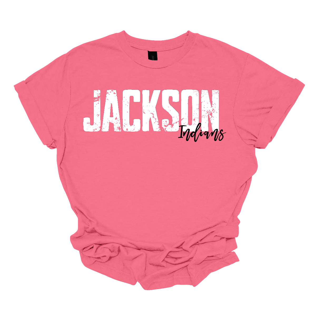 Unleash your school spirit with our grunge-style "Jackson" T-shirt! This design features bold, edgy "Jackson" text in a distressed, vintage font, paired with "Indians" in a playful cursive script that adds a splash of color and fun. The vibrant array of hues brings a pop of energy to your wardrobe, making this tee perfect for showing off your school pride in style. Shop at gorgeousware.com