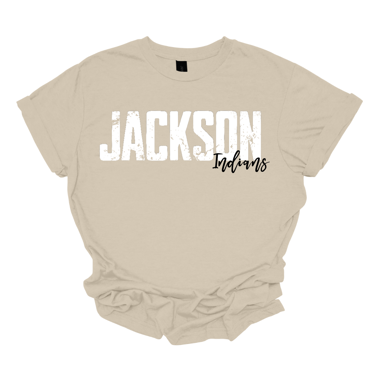 Unleash your school spirit with our grunge-style "Jackson" T-shirt! This design features bold, edgy "Jackson" text in a distressed, vintage font, paired with "Indians" in a playful cursive script that adds a splash of color and fun. The vibrant array of hues brings a pop of energy to your wardrobe, making this tee perfect for showing off your school pride in style. Shop at gorgeousware.com