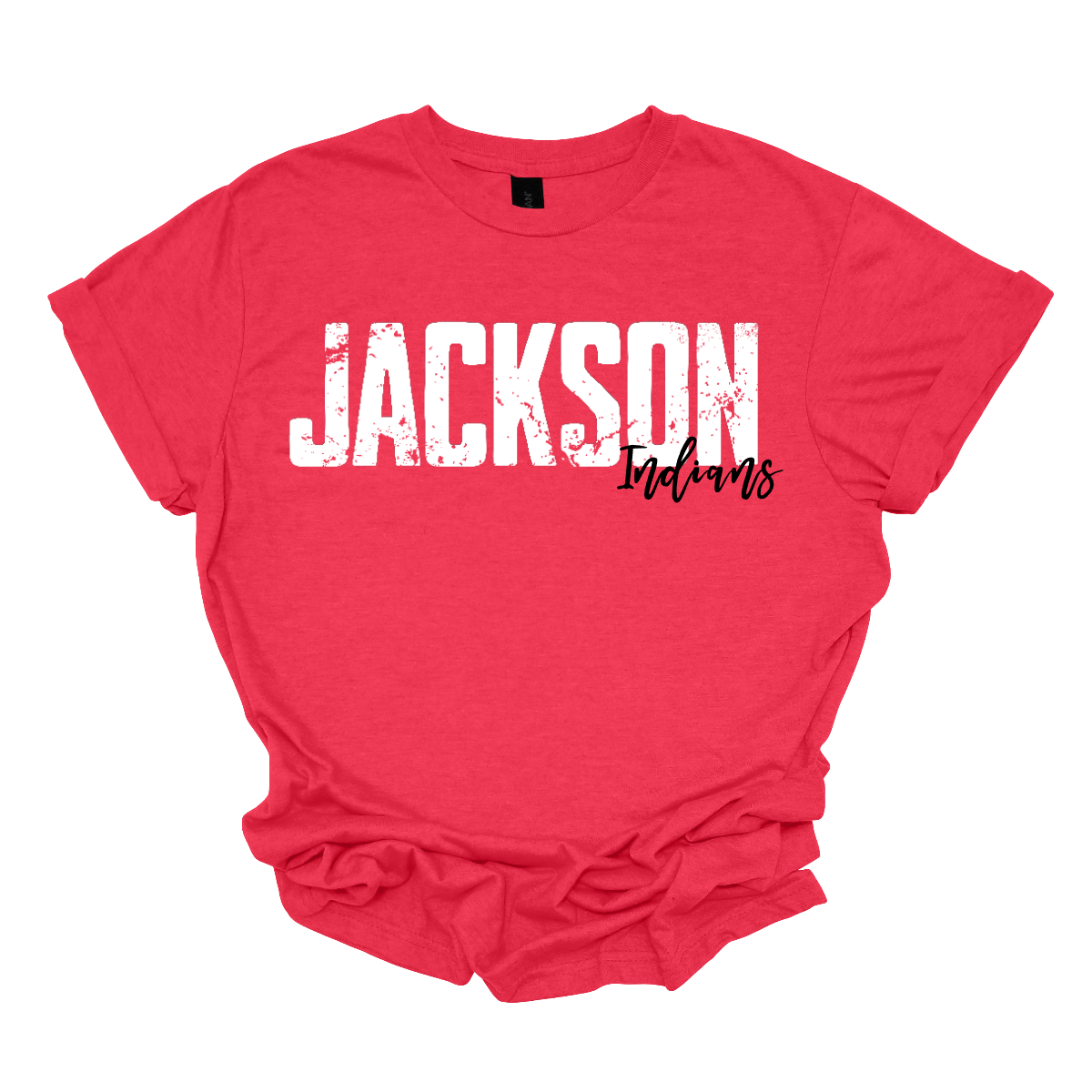 Unleash your school spirit with our grunge-style "Jackson" T-shirt! This design features bold, edgy "Jackson" text in a distressed, vintage font, paired with "Indians" in a playful cursive script that adds a splash of color and fun. The vibrant array of hues brings a pop of energy to your wardrobe, making this tee perfect for showing off your school pride in style. Shop at gorgeousware.com