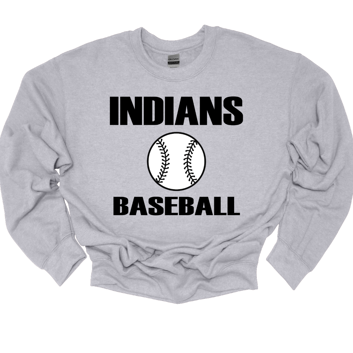 Gray sweatshirt with 'INDIANS BASEBALL' text and a baseball graphic on a white background
