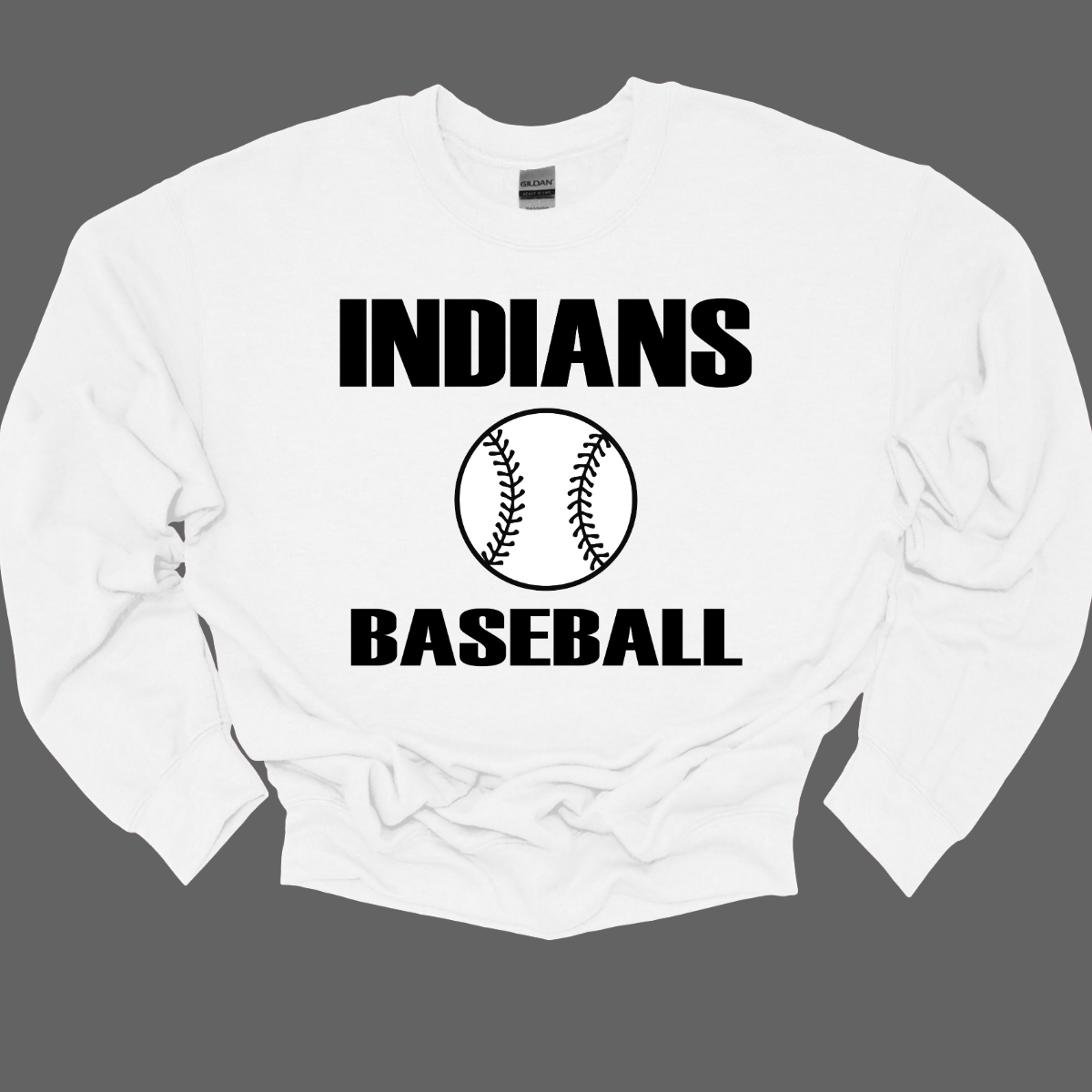 White sweatshirt with 'INDIANS BASEBALL' text and baseball graphic on a gray background