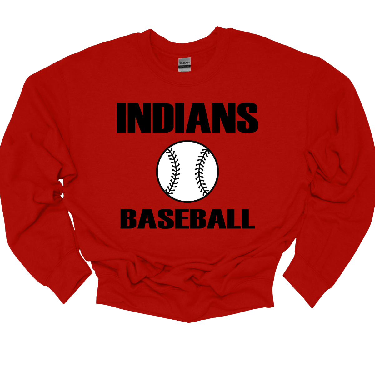 Red sweatshirt with 'INDIANS BASEBALL' text and a baseball graphic on a white background