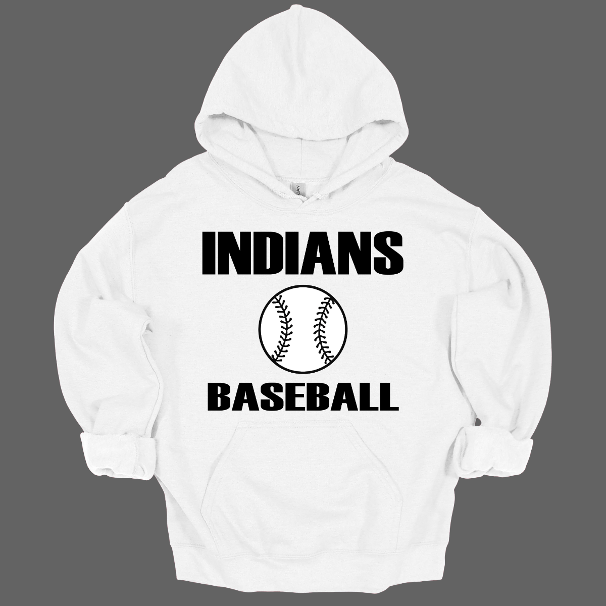White hoodie with 'INDIANS BASEBALL' text and a baseball graphic on a gray background