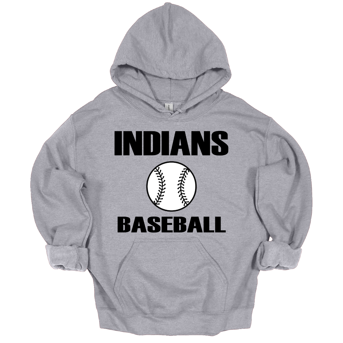 Gray hoodie with 'INDIANS BASEBALL' text and a baseball graphic on a white background