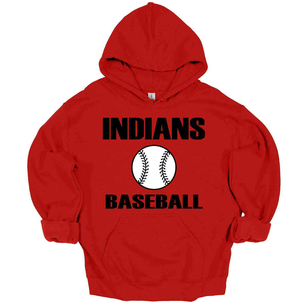 Red hoodie with 'INDIANS BASEBALL' text and a baseball graphic on a white background
