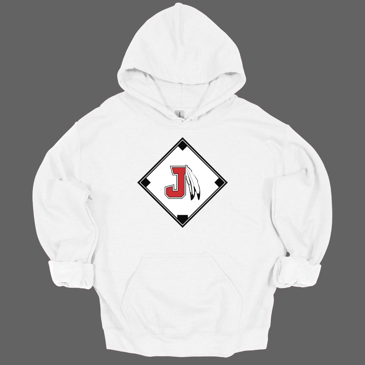 White hoodie with a red, white, and black logo featuring the J Spear in the center of a baseball diamond on a grey background