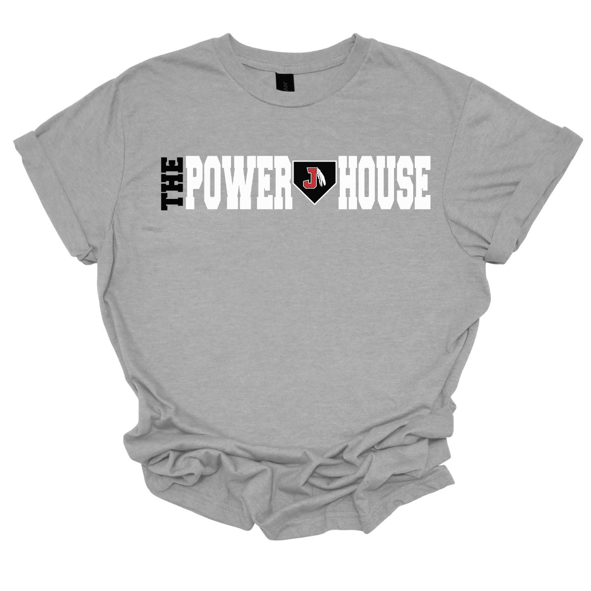 Gray t-shirt with 'The Power House' text design on a white background
