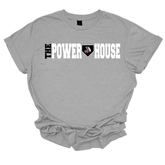 Gray t-shirt with 'The Power House' text design on a white background