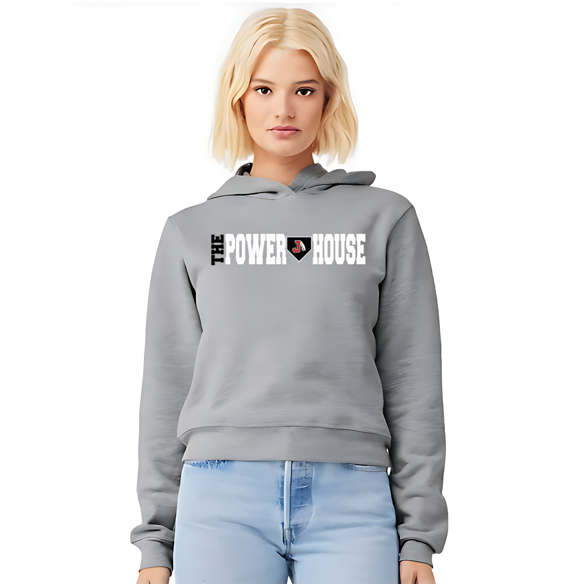 Person wearing a gray hoodie with 'The Power House' logo on a white background