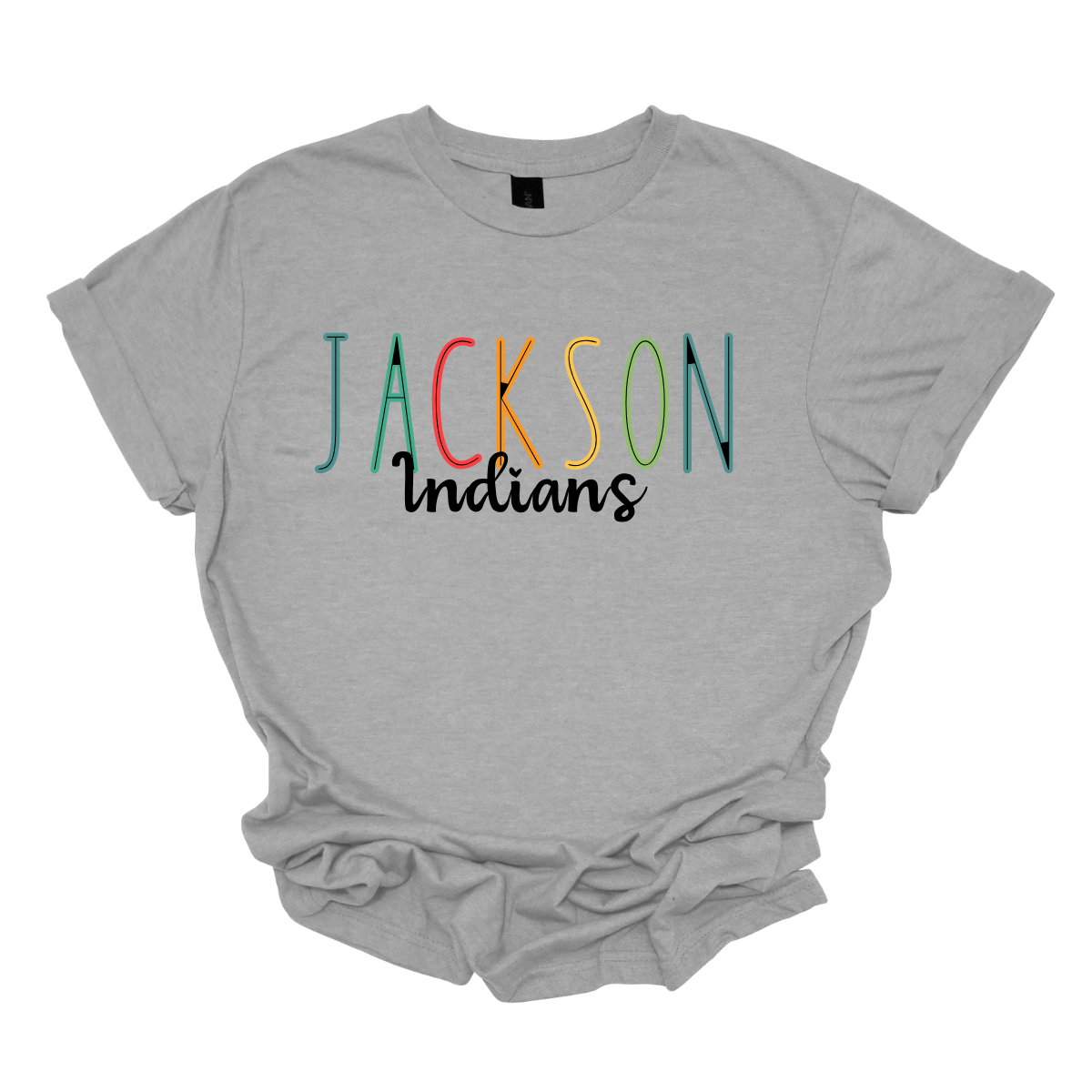 Show your Jackson pride with our vibrant Jackson Indians Spiritwear T-shirt! This eye-catching design features "Jackson" prominently highlighted in a spectrum of bold, dynamic colors, showcasing your school spirit in every shade. The word "Indians" is elegantly scripted in black cursive, adding a touch of classic sophistication to this spirited tee.  Shop at Gorgeousware.com