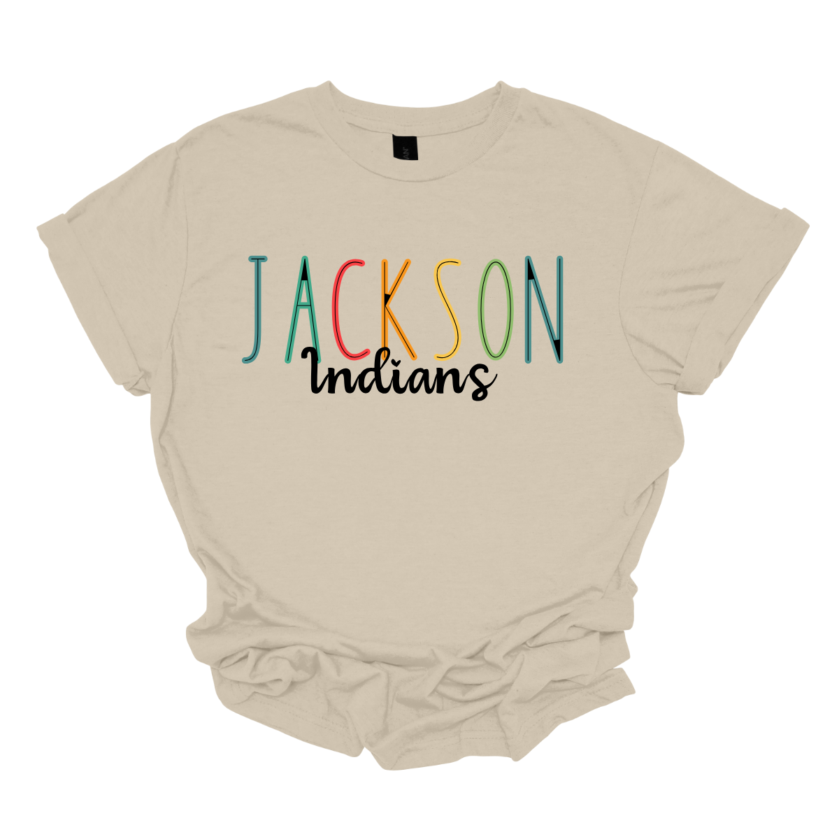 Show your Jackson pride with our vibrant Jackson Indians Spiritwear T-shirt! This eye-catching design features "Jackson" prominently highlighted in a spectrum of bold, dynamic colors, showcasing your school spirit in every shade. The word "Indians" is elegantly scripted in black cursive, adding a touch of classic sophistication to this spirited tee.  Shop at Gorgeousware.com