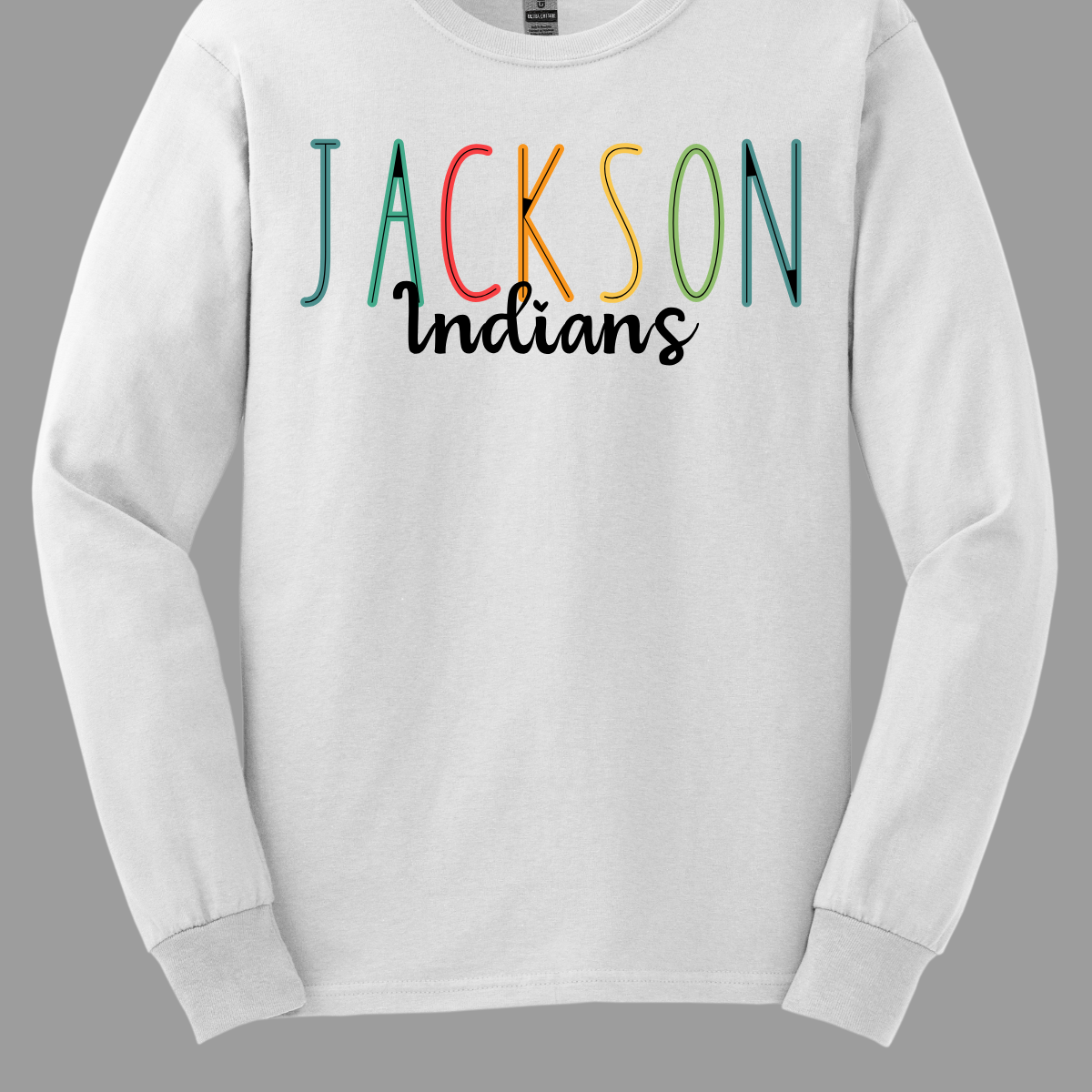 Show your Jackson pride with our vibrant Jackson Indians Spiritwear T-shirt! This eye-catching design features "Jackson" prominently highlighted in a spectrum of bold, dynamic colors, showcasing your school spirit in every shade. The word "Indians" is elegantly scripted in black cursive, adding a touch of classic sophistication to this spirited tee.  Shop at Gorgeousware.com