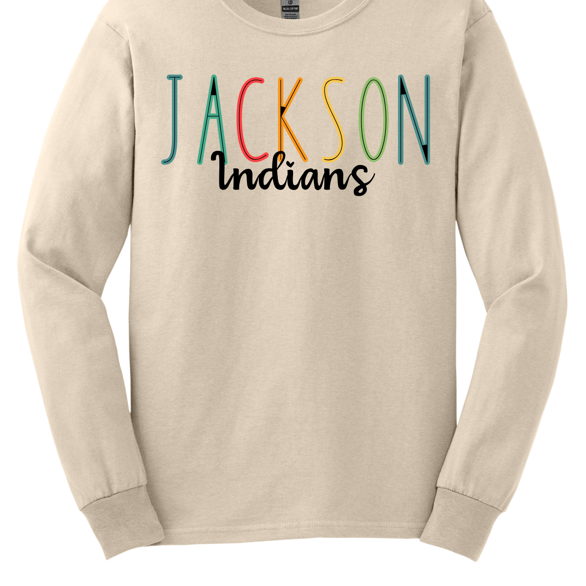 Show your Jackson pride with our vibrant Jackson Indians Spiritwear T-shirt! This eye-catching design features "Jackson" prominently highlighted in a spectrum of bold, dynamic colors, showcasing your school spirit in every shade. The word "Indians" is elegantly scripted in black cursive, adding a touch of classic sophistication to this spirited tee.  Shop at Gorgeousware.com