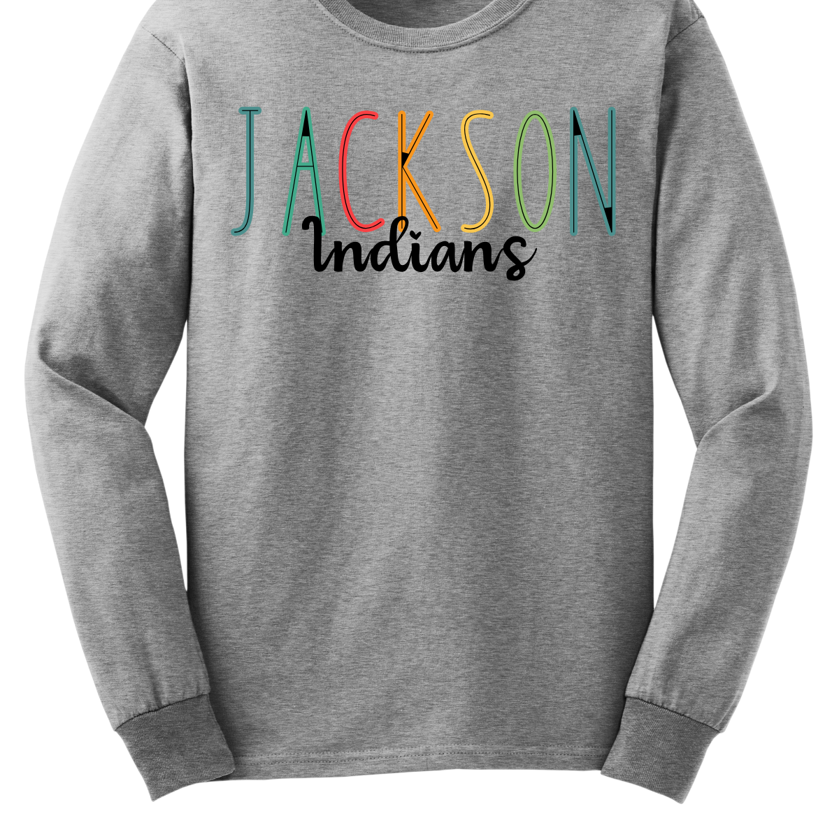 Show your Jackson pride with our vibrant Jackson Indians Spiritwear T-shirt! This eye-catching design features "Jackson" prominently highlighted in a spectrum of bold, dynamic colors, showcasing your school spirit in every shade. The word "Indians" is elegantly scripted in black cursive, adding a touch of classic sophistication to this spirited tee.  Shop at Gorgeousware.com