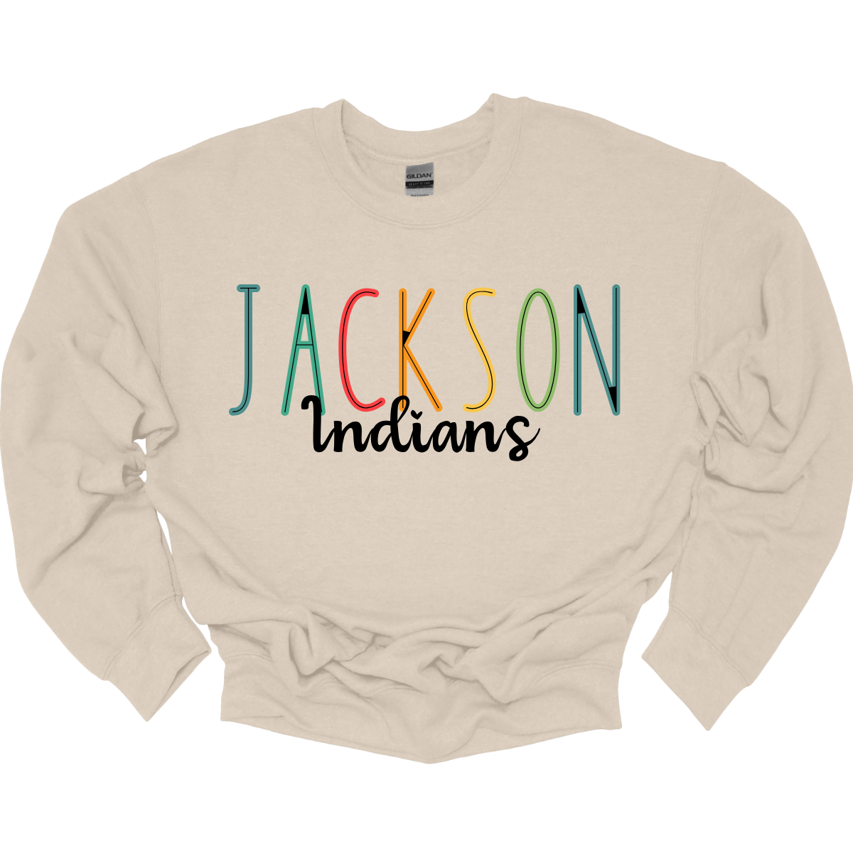 Show your Jackson pride with our vibrant Jackson Indians Spiritwear T-shirt! This eye-catching design features "Jackson" prominently highlighted in a spectrum of bold, dynamic colors, showcasing your school spirit in every shade. The word "Indians" is elegantly scripted in black cursive, adding a touch of classic sophistication to this spirited tee.  Shop at Gorgeousware.com