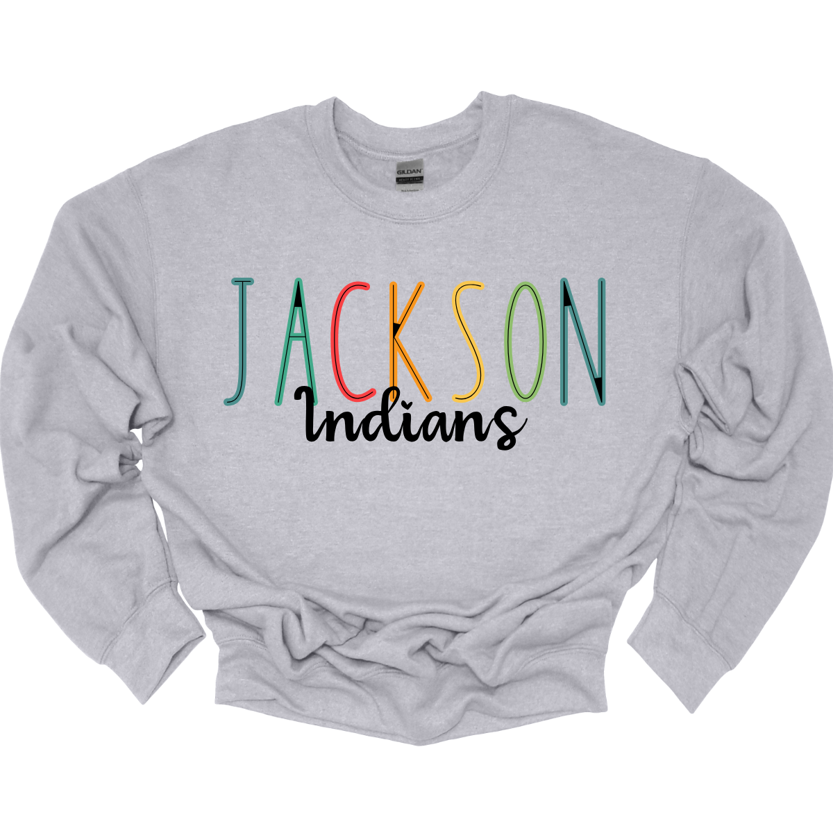 Show your Jackson pride with our vibrant Jackson Indians Spiritwear T-shirt! This eye-catching design features "Jackson" prominently highlighted in a spectrum of bold, dynamic colors, showcasing your school spirit in every shade. The word "Indians" is elegantly scripted in black cursive, adding a touch of classic sophistication to this spirited tee.  Shop at Gorgeousware.com