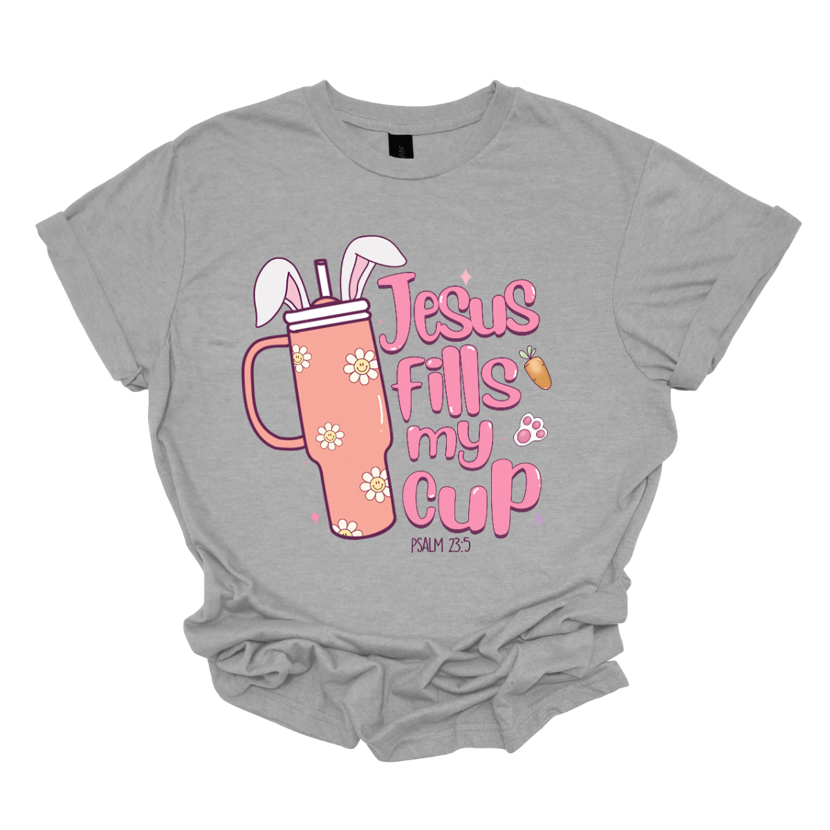 Sip on faith and Easter joy with our 'Jesus fills my cup' T-shirt! Featuring a large handled cup adorned with bunny ears, this shirt is a delightful reminder of the spiritual refreshment Easter brings. Let the world know that your cup overflows with the love and grace of Jesus, making every day a celebration. Shop at Gorgeousware.com