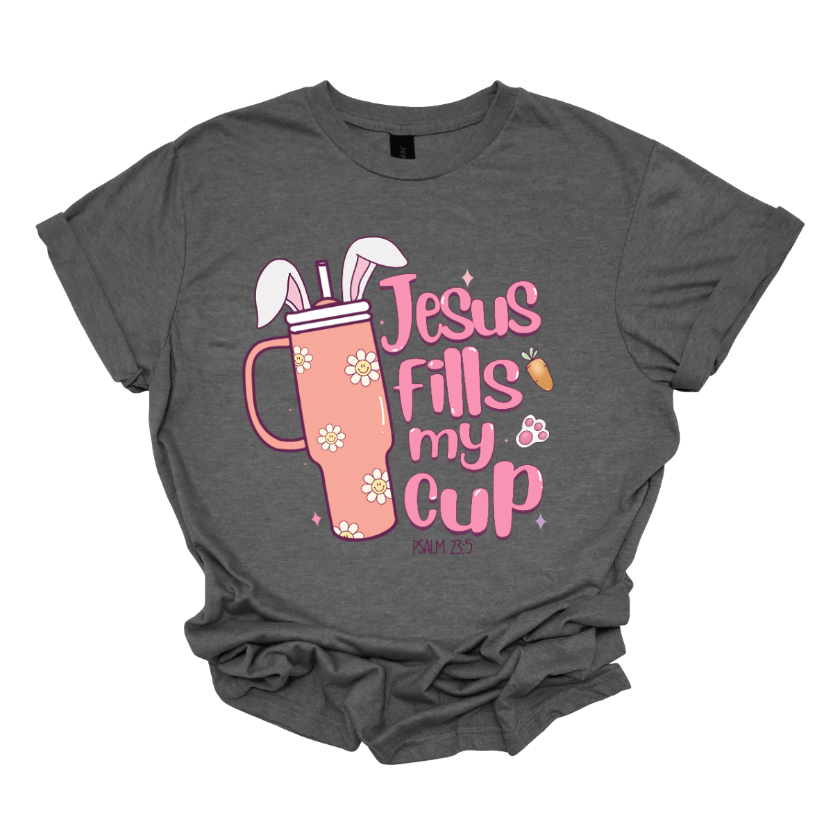 Sip on faith and Easter joy with our 'Jesus fills my cup' T-shirt! Featuring a large handled cup adorned with bunny ears, this shirt is a delightful reminder of the spiritual refreshment Easter brings. Let the world know that your cup overflows with the love and grace of Jesus, making every day a celebration. Shop at Gorgeousware.com