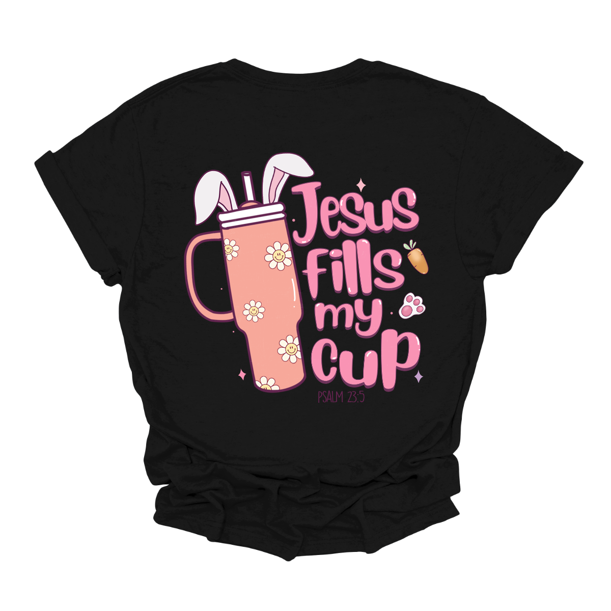 Sip on faith and Easter joy with our 'Jesus fills my cup' T-shirt! Featuring a large handled cup adorned with bunny ears, this shirt is a delightful reminder of the spiritual refreshment Easter brings. Let the world know that your cup overflows with the love and grace of Jesus, making every day a celebration. Shop at Gorgeousware.com