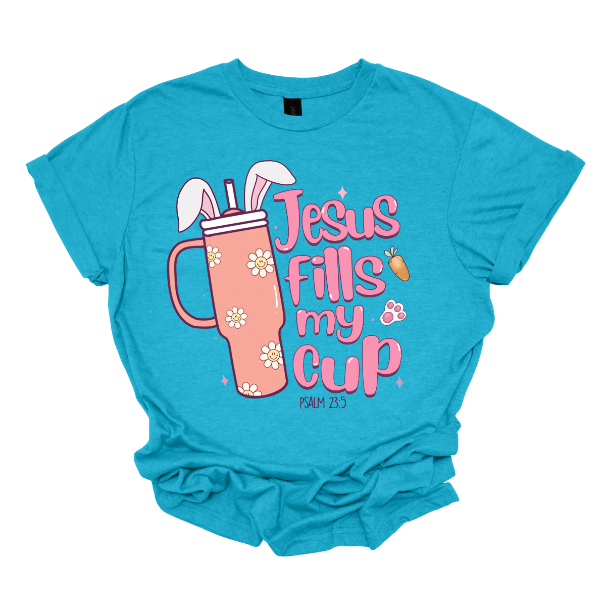 Sip on faith and Easter joy with our 'Jesus fills my cup' T-shirt! Featuring a large handled cup adorned with bunny ears, this shirt is a delightful reminder of the spiritual refreshment Easter brings. Let the world know that your cup overflows with the love and grace of Jesus, making every day a celebration. Shop at Gorgeousware.com