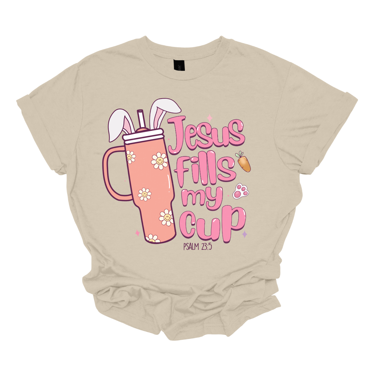 Sip on faith and Easter joy with our 'Jesus fills my cup' T-shirt! Featuring a large handled cup adorned with bunny ears, this shirt is a delightful reminder of the spiritual refreshment Easter brings. Let the world know that your cup overflows with the love and grace of Jesus, making every day a celebration. Shop at Gorgeousware.com