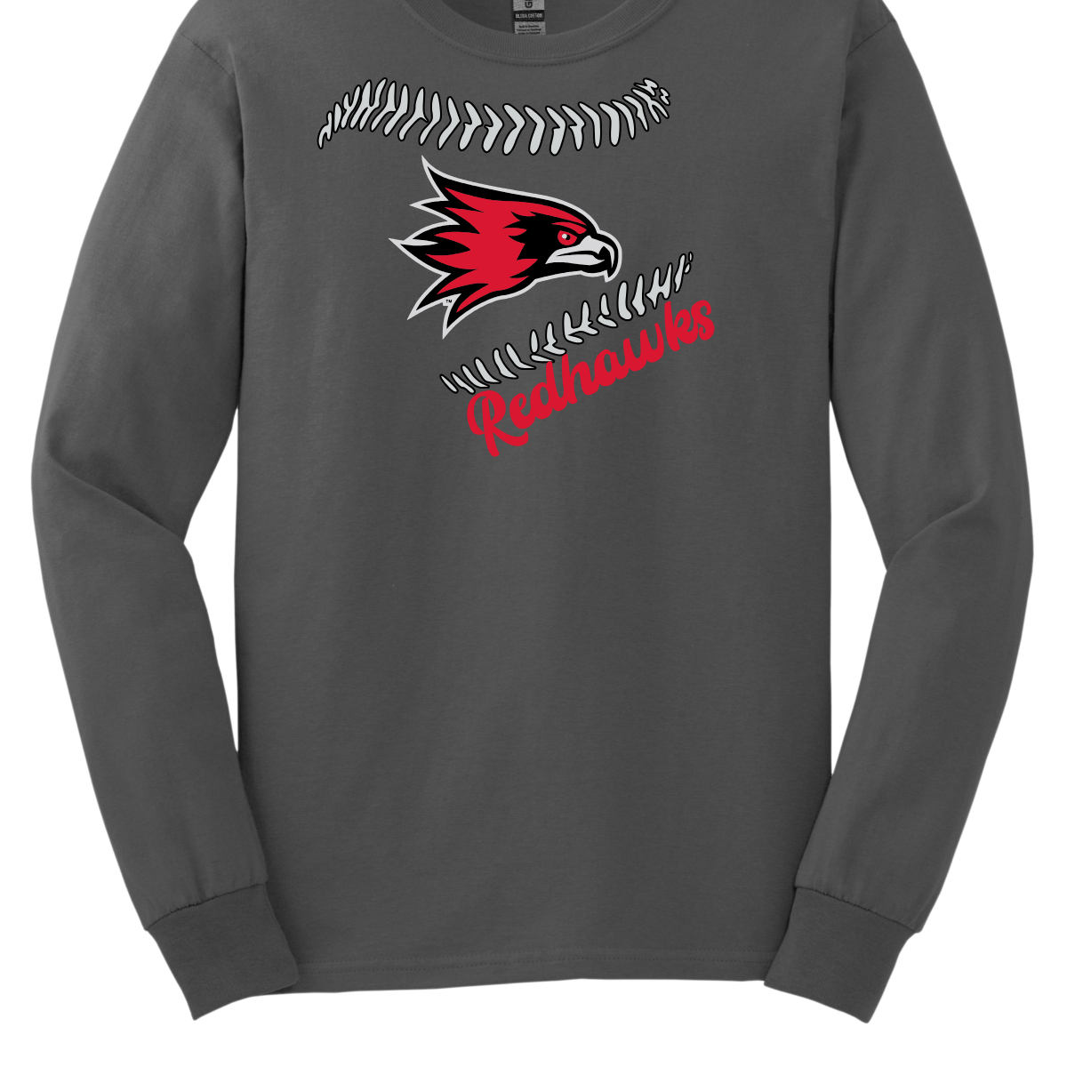 Gray long-sleeve shirt with redhawks logo on a white background