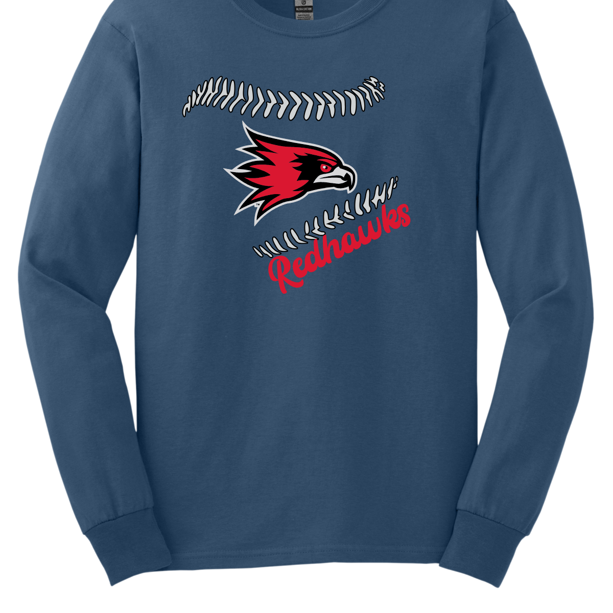 Blue long-sleeve shirt with red and white redhawk design and 'Redhawks' text on a white background