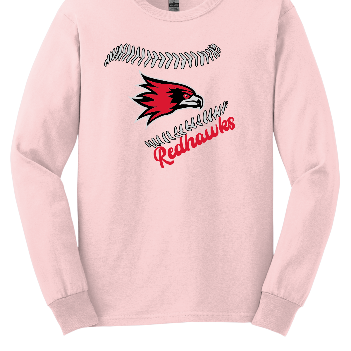 Pink shirt with red and black redhawk logo and 'Redhawks' text on a white background