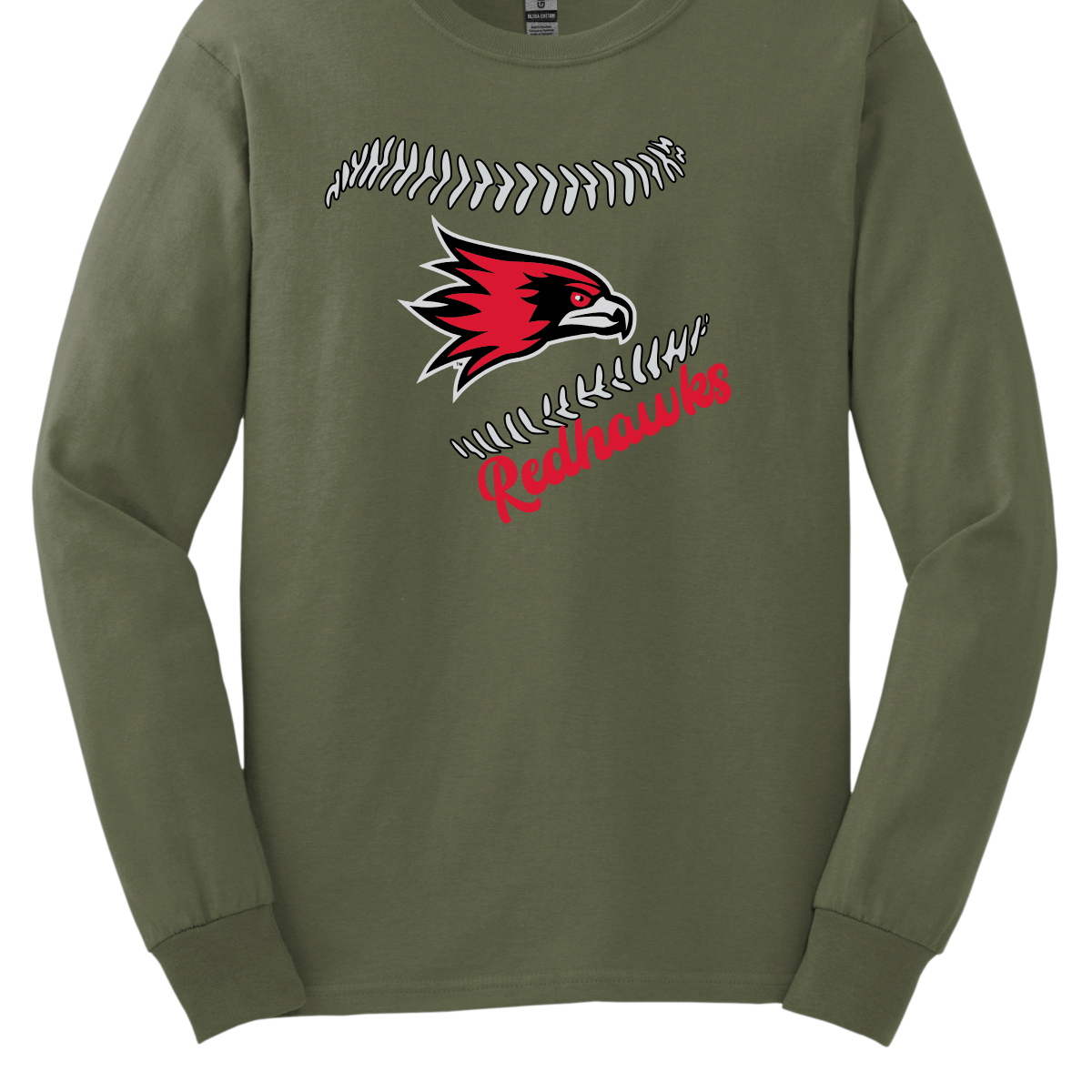 Green long-sleeve shirt with red and black redhawk logo and 'Redhawks' text on a white background