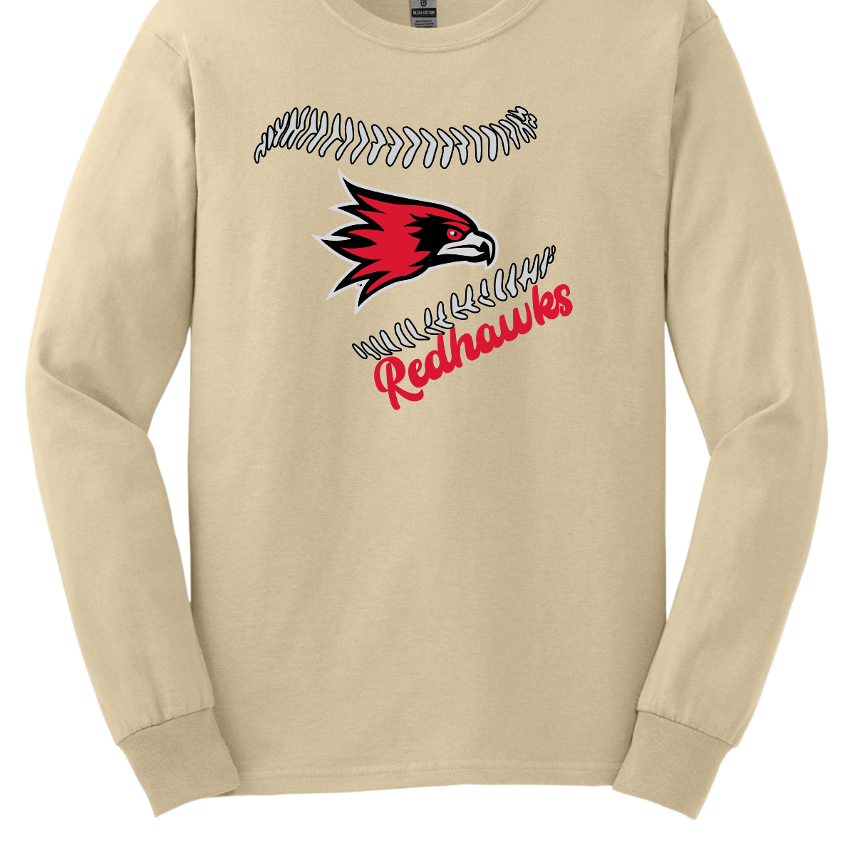 Beige long-sleeve shirt with red and black redhawk logo and 'Redhawks' text on a white background