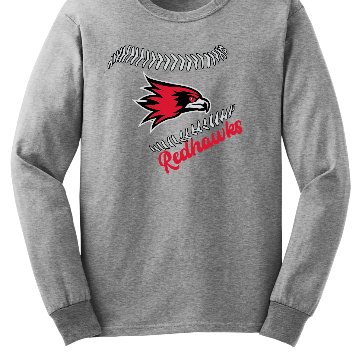 Gray long-sleeve shirt with red and black redhawk logo and 'Redhawks' text on a white background