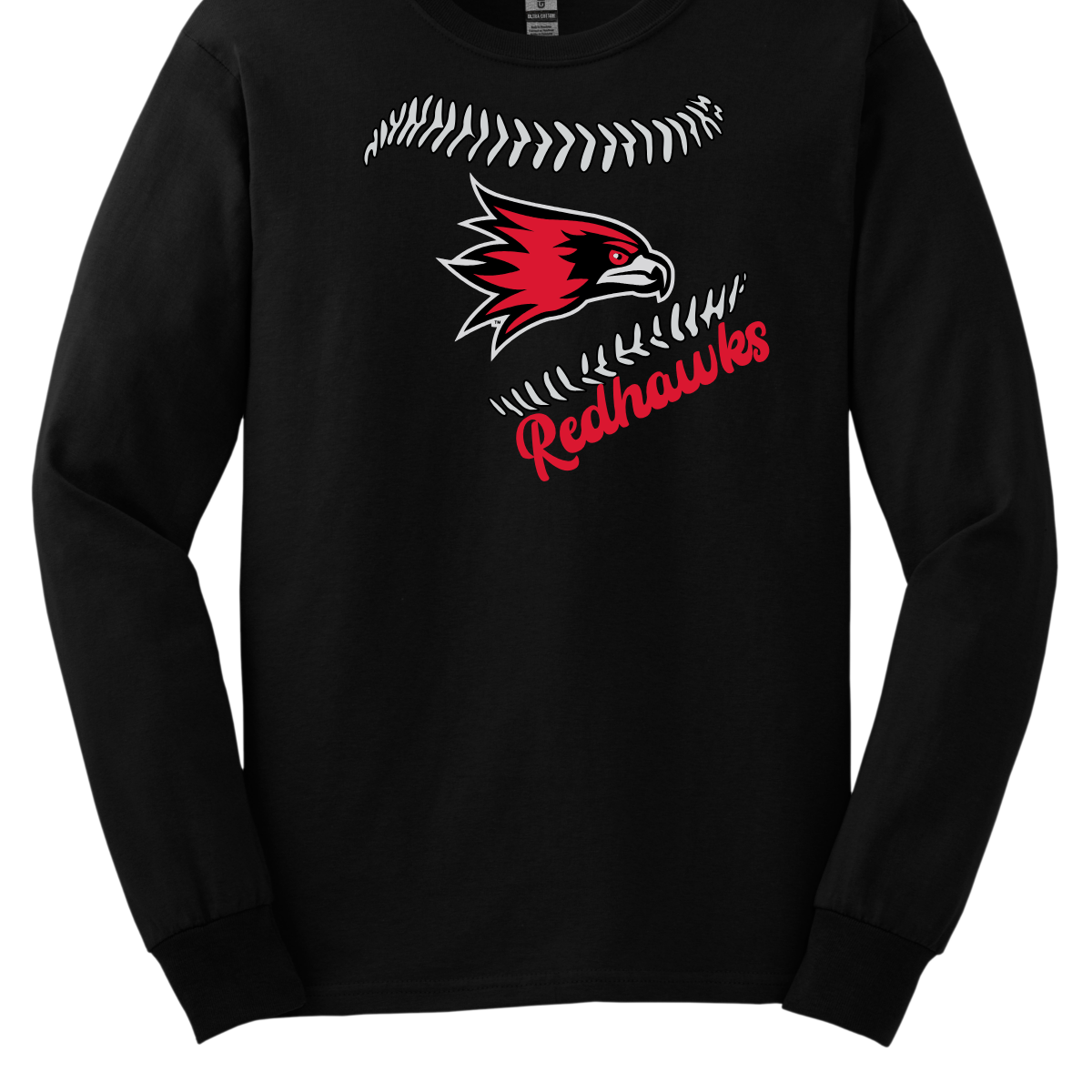 Black shirt with red and white logo and text on a white background