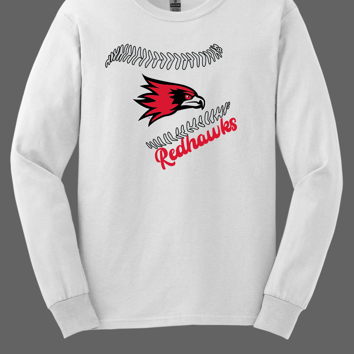 White shirt with red and black redhawk logo and 'Redhawks' text on a gray background
