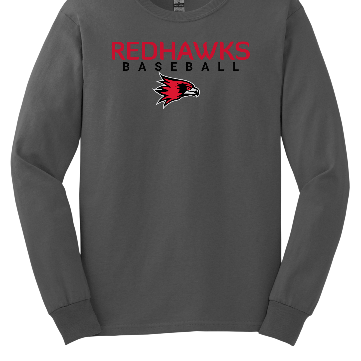 Gray long-sleeve shirt with 'Redhawks Baseball' text and logo on a white background