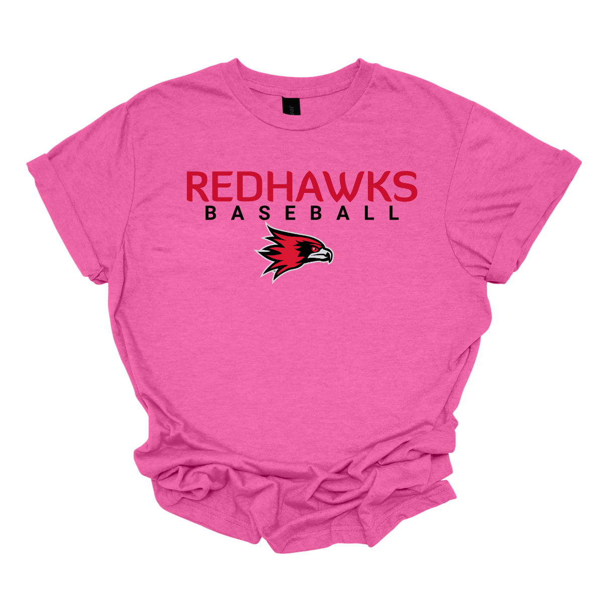 Pink t-shirt with 'Redhawks Baseball' text and logo on a white background